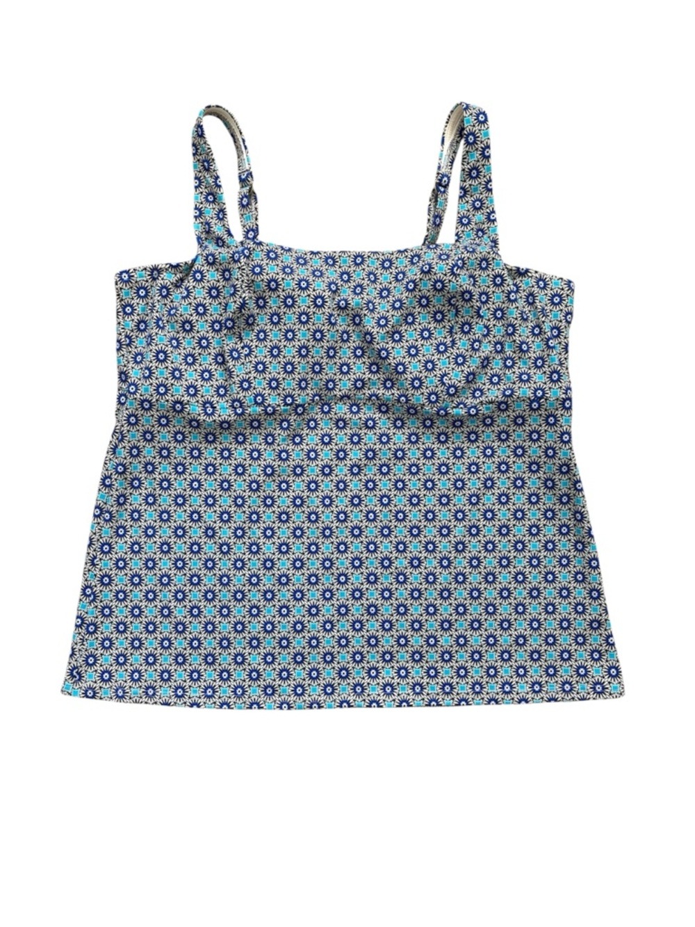 Lands End Tankini Top Swim Square Neck Blue Floral Geometric